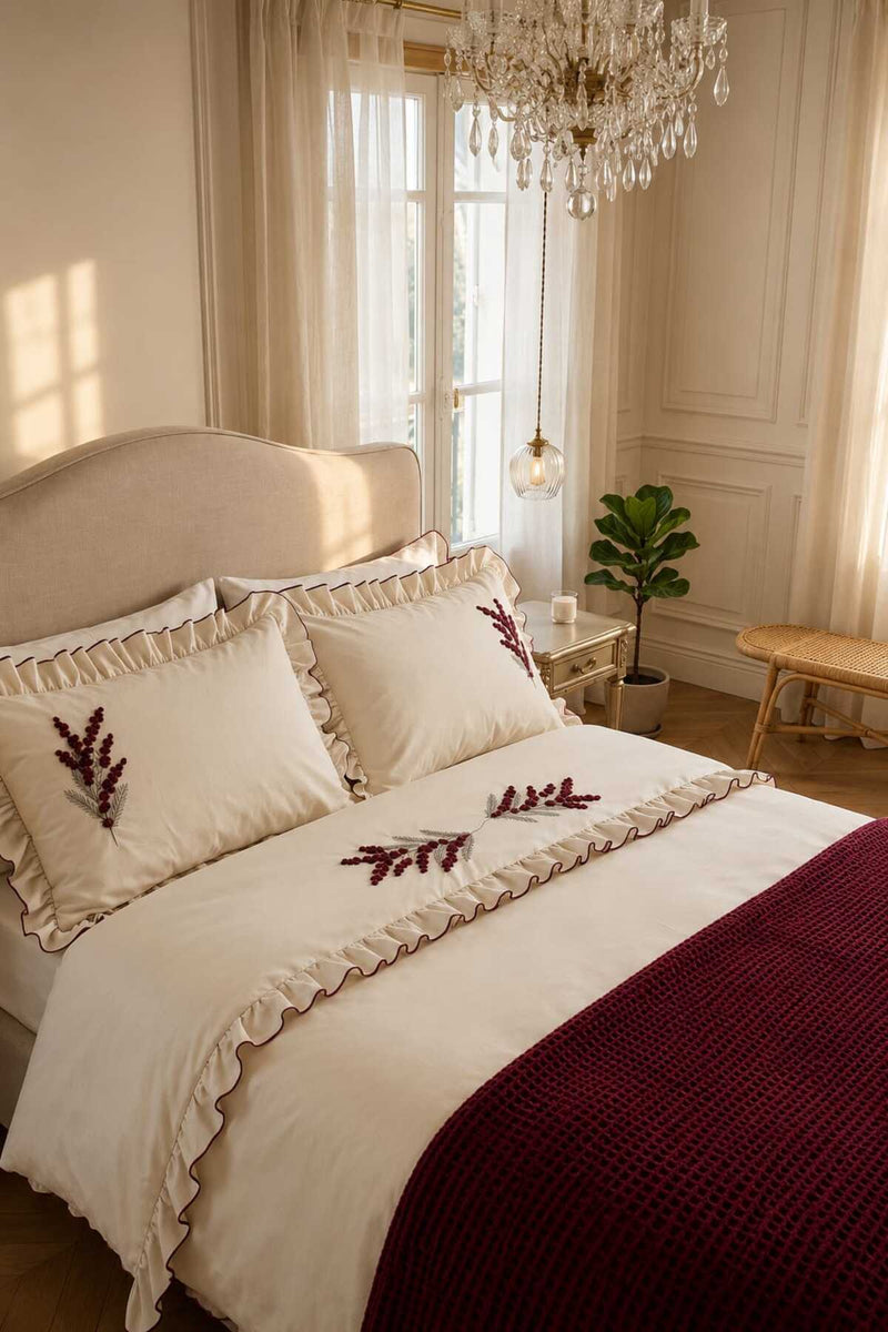 Trigo Bordo Çiçek Süzene Nakışlı Pamuk Nevresim Takımı 7 Parça Runnerlı Modern Çift Kişilik Set