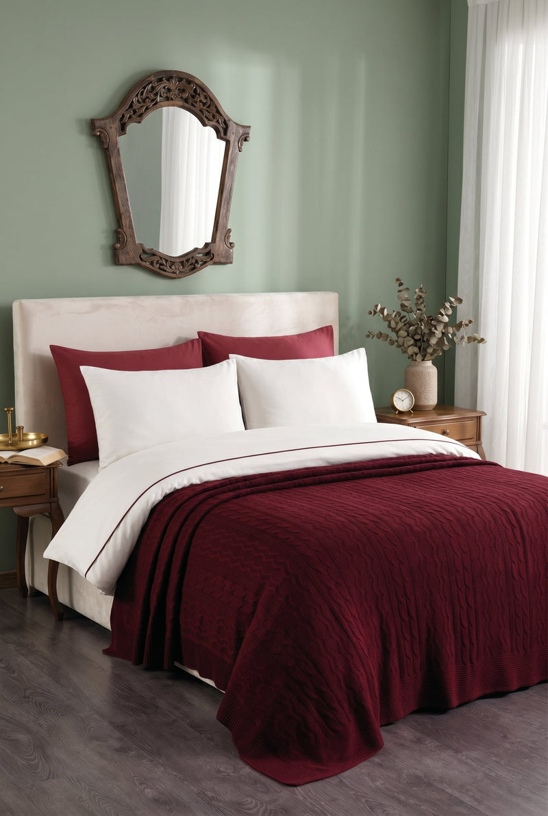 Feris 7 Parça Pamuklu Triko Battaniyeli Çift Kişilik Nevresim Takımı Bordo