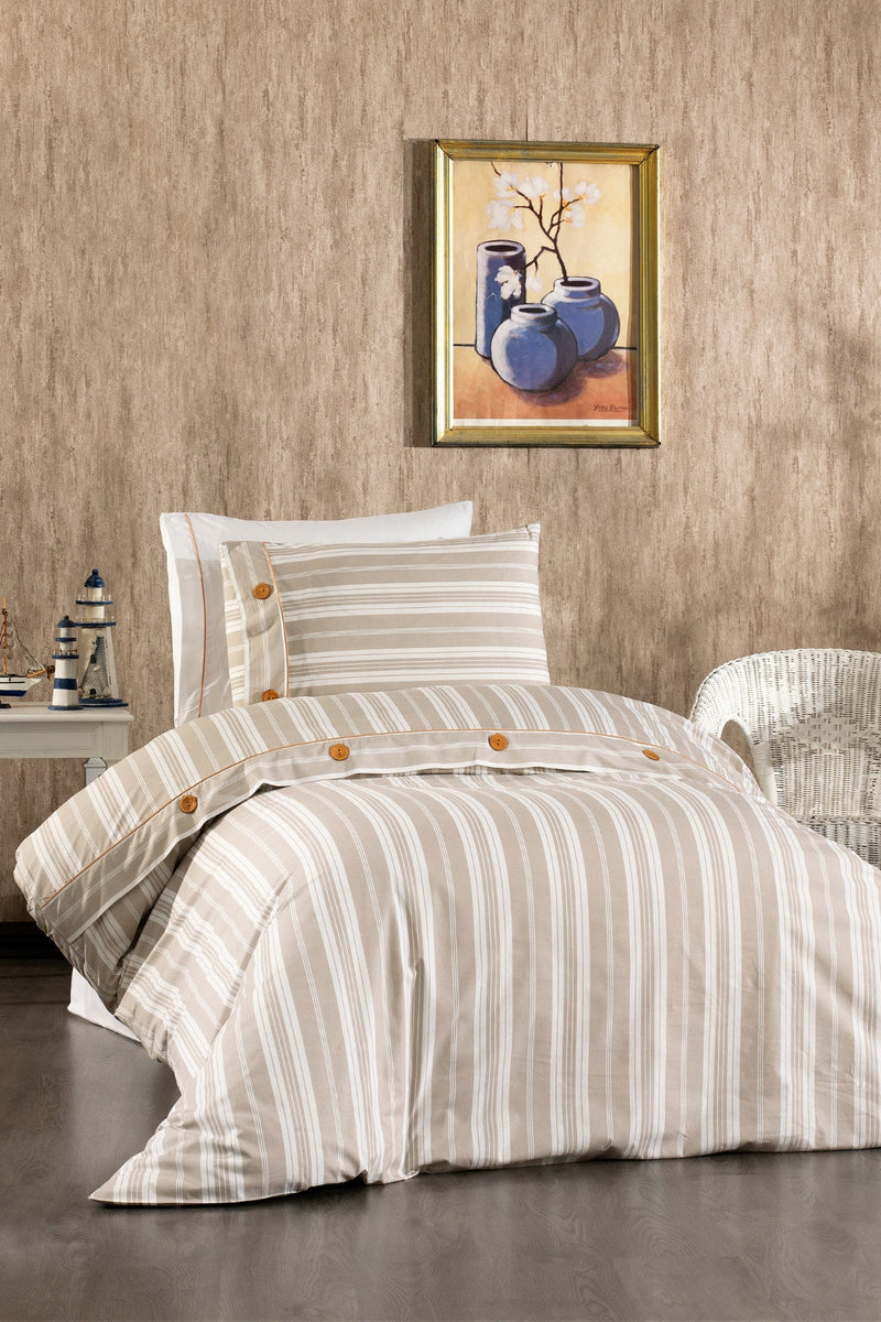 Valentia %100 Pamuk, Ahşap Düğmeli, Çizgili Kumaşlı 4 Parça Premium Tek Kişilik Nevresim Takımı Bej