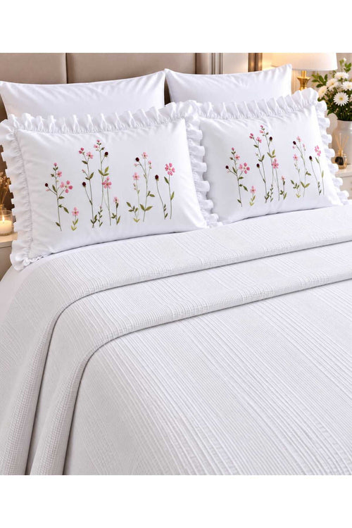 Waffle Dokulu Nakışlı Fırfırlı %100 Pamuk 6 Parça Çift Kişilik Pike Seti Beyaz