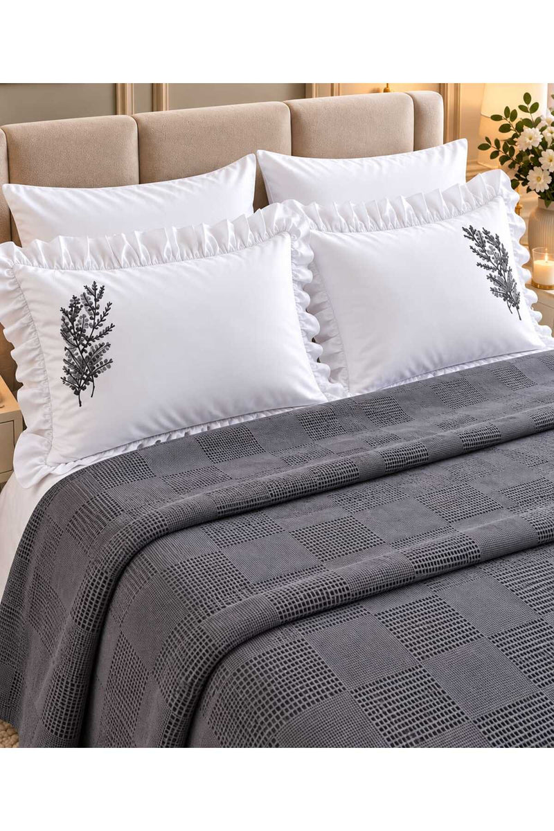 Pure Comfort Gray Waffle 6 Parça Çift Kişilik Pike Seti Koyu Gri