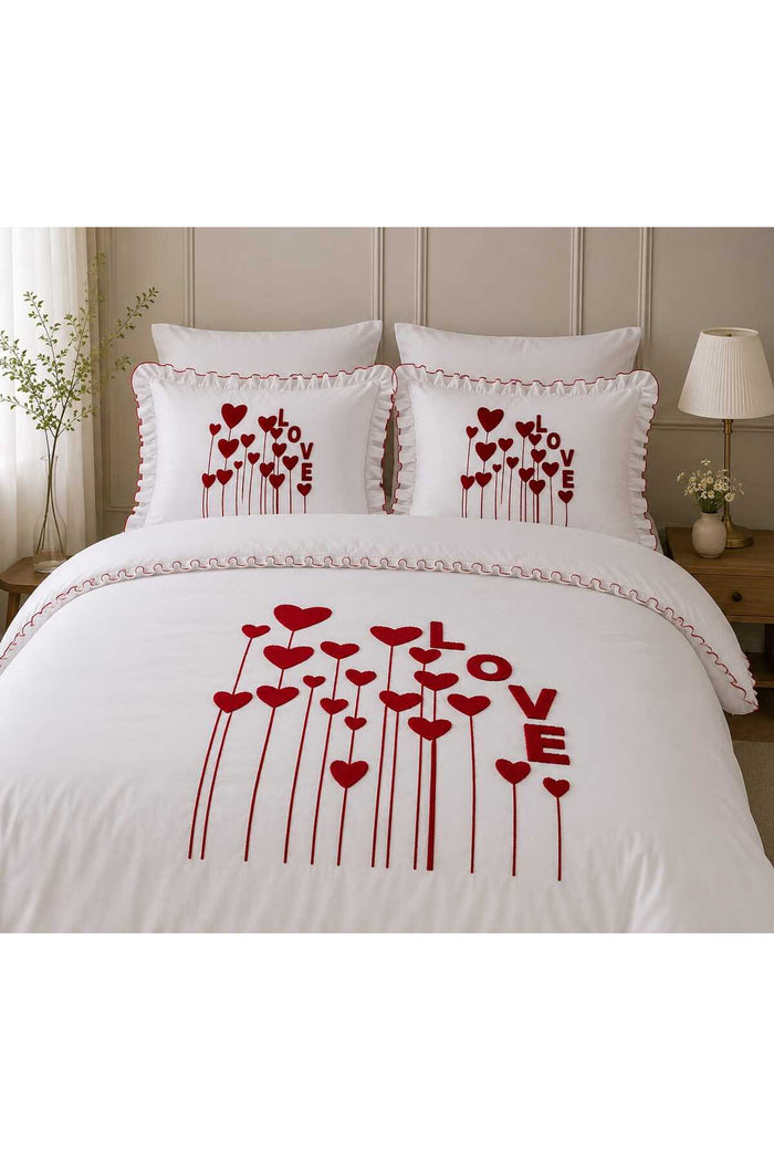 Love Garden Punch Nakışlı Fırfırlı 6 Parça %100 Pamuk Çift Kişilik Nevresim Seti