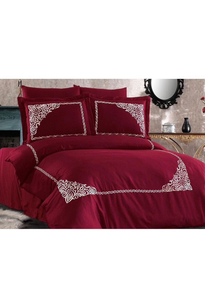 Palace Art Bordo %100 Pamuk Nakışlı 6 Parça Çift Kişilik Nevresim Takımı
