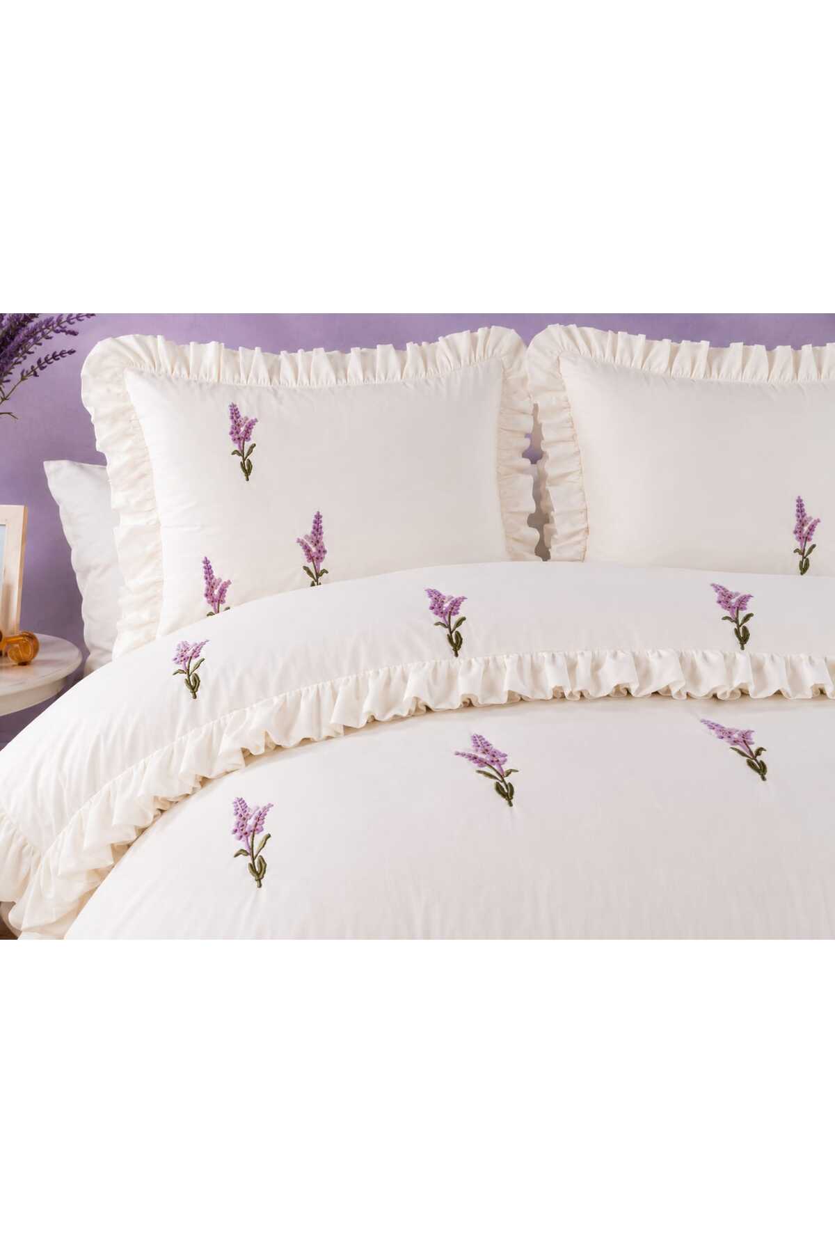 Lavanta Esintisi Fırfırlı & Nakışlı %100 Pamuk 6 Parça Çift Kişilik Nevresim Takımı - 3