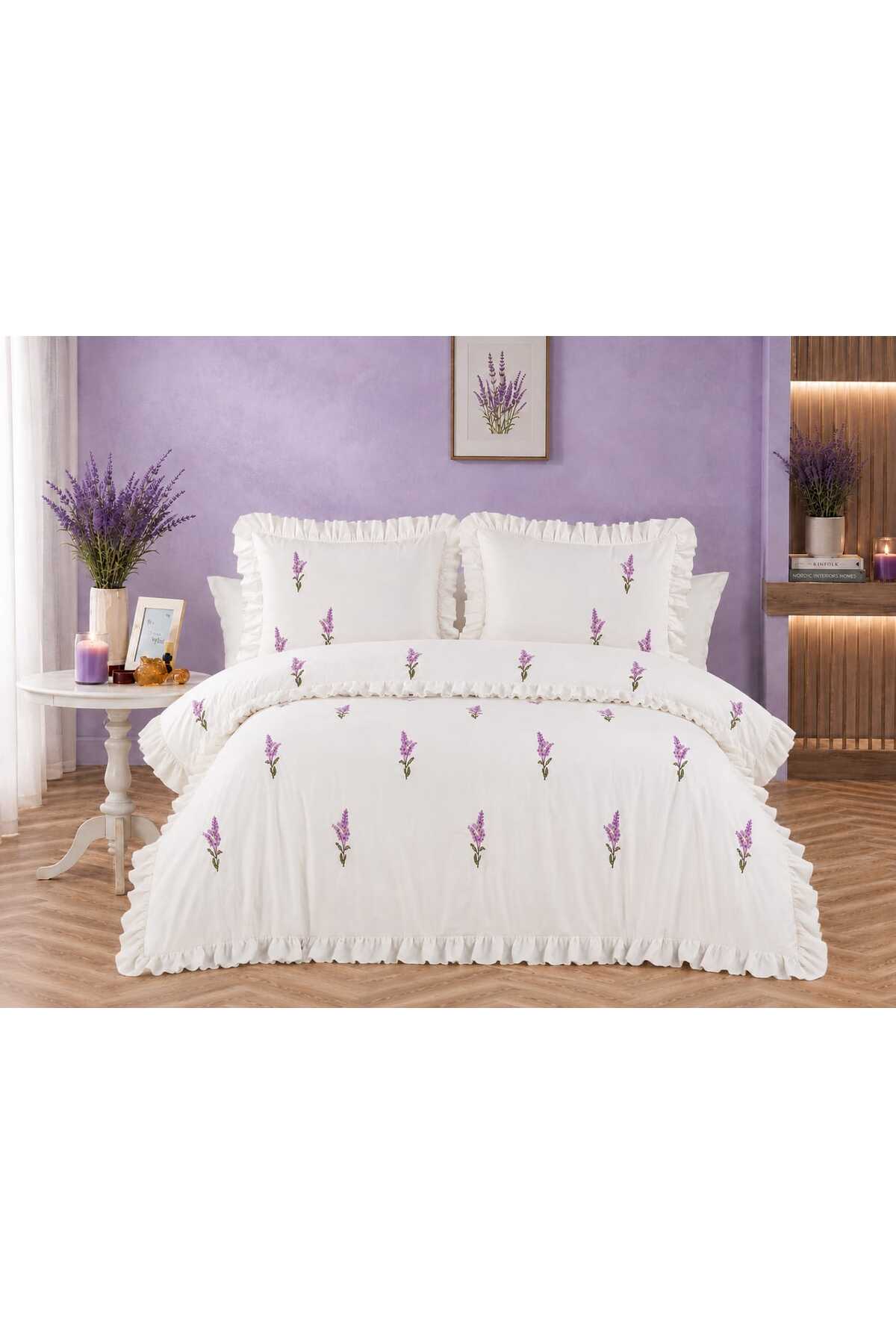 Lavanta Esintisi Fırfırlı & Nakışlı %100 Pamuk 6 Parça Çift Kişilik Nevresim Takımı - 2