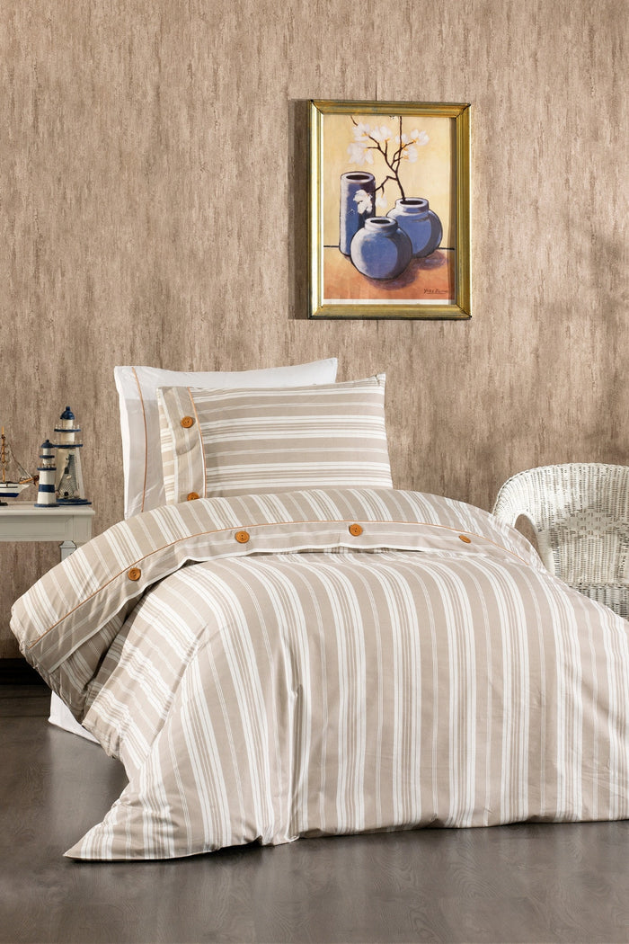 Valentia %100 Pamuk, Ahşap Düğmeli, Çizgili Kumaşlı 4 Parça Premium Tek Kişilik Nevresim Takımı Bej
