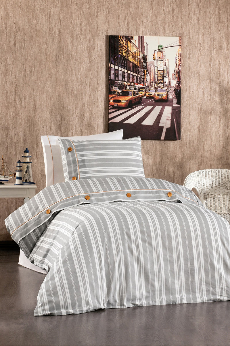 Valentia %100 Pamuk, Ahşap Düğmeli, Çizgili Kumaşlı 4 Parça Premium Tek Kişilik Nevresim Takımı Gri