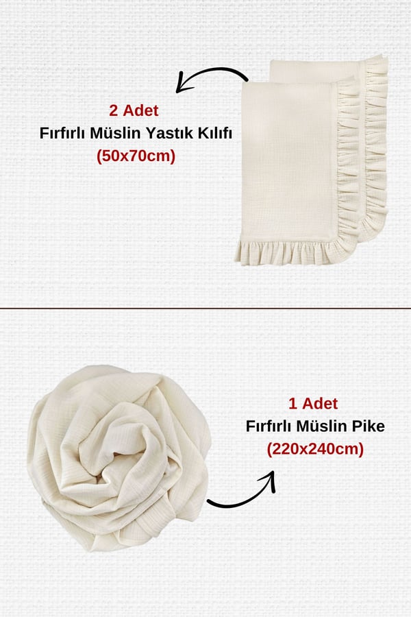 Fırfırlı 3 Parça Müslin Pike Yatak Örtüsü Ve Yastık Kılıfı Seti - Aura Çift Kişilik Gri Müslin Pike Set - 3