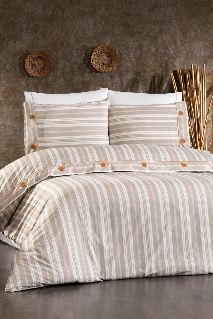 Valentia %100 Pamuk, Ahşap Düğmeli, Çizgili Kumaşlı 6 Parça Premium Çift Kişilik Nevresim Takımı Bej