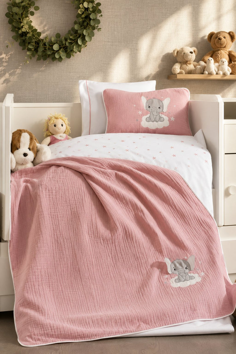 5 Parça Pembe Müslin Örtülü %100 Pamuk 3D Fil Desenli Bebek Nevresim Takımı