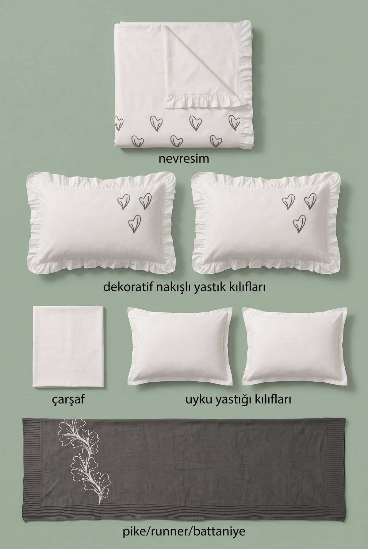 Triko Art %100 Pamuk Triko Battaniyeli, Süzene Nakışlı ve Fırfırlı 7 Parça Çift Kişilik Nevresim Takımı Antrasit - 8