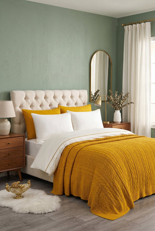Feris 7 Parça Pamuklu Triko Battaniyeli Çift Kişilik Nevresim Takımı Hardal