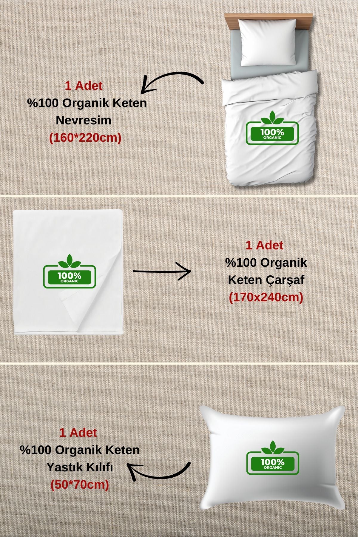 %100 Organik Keten 3 Parça Elite Tek Kişilik Nevresim Takımı - Çarşaflı Keten Nevresim Seti - 3