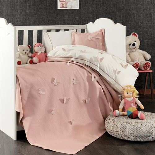 3d Kelebek %100 Pamuk Desenli Bebek Pike Örtüsü Pembe - 2