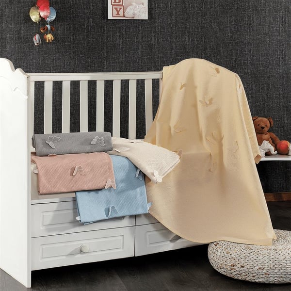 3d Kelebek %100 Pamuk Desenli Bebek Pike Örtüsü Bej